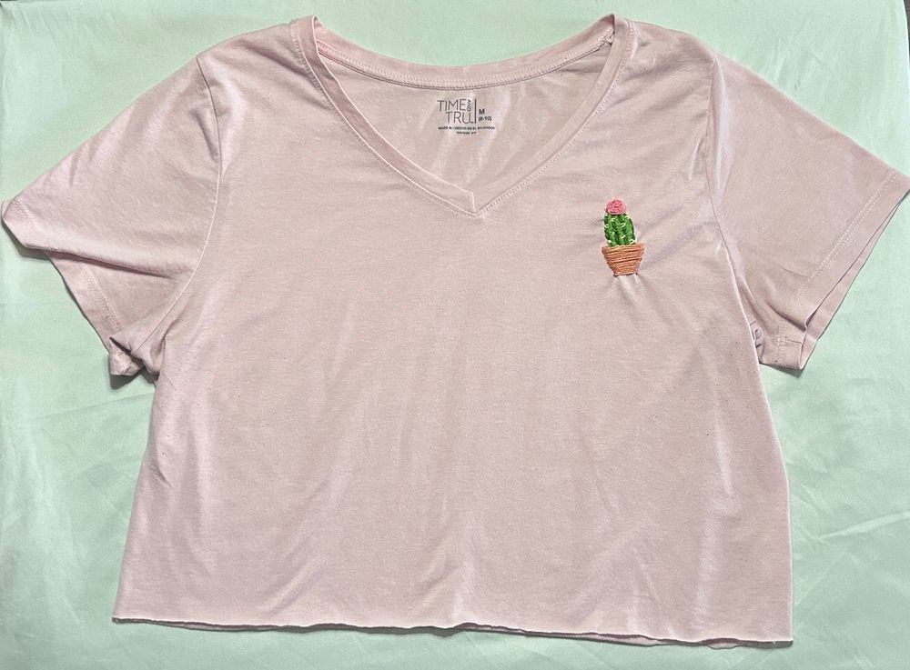 Crop T-Shirt with Cactus Embroidery 